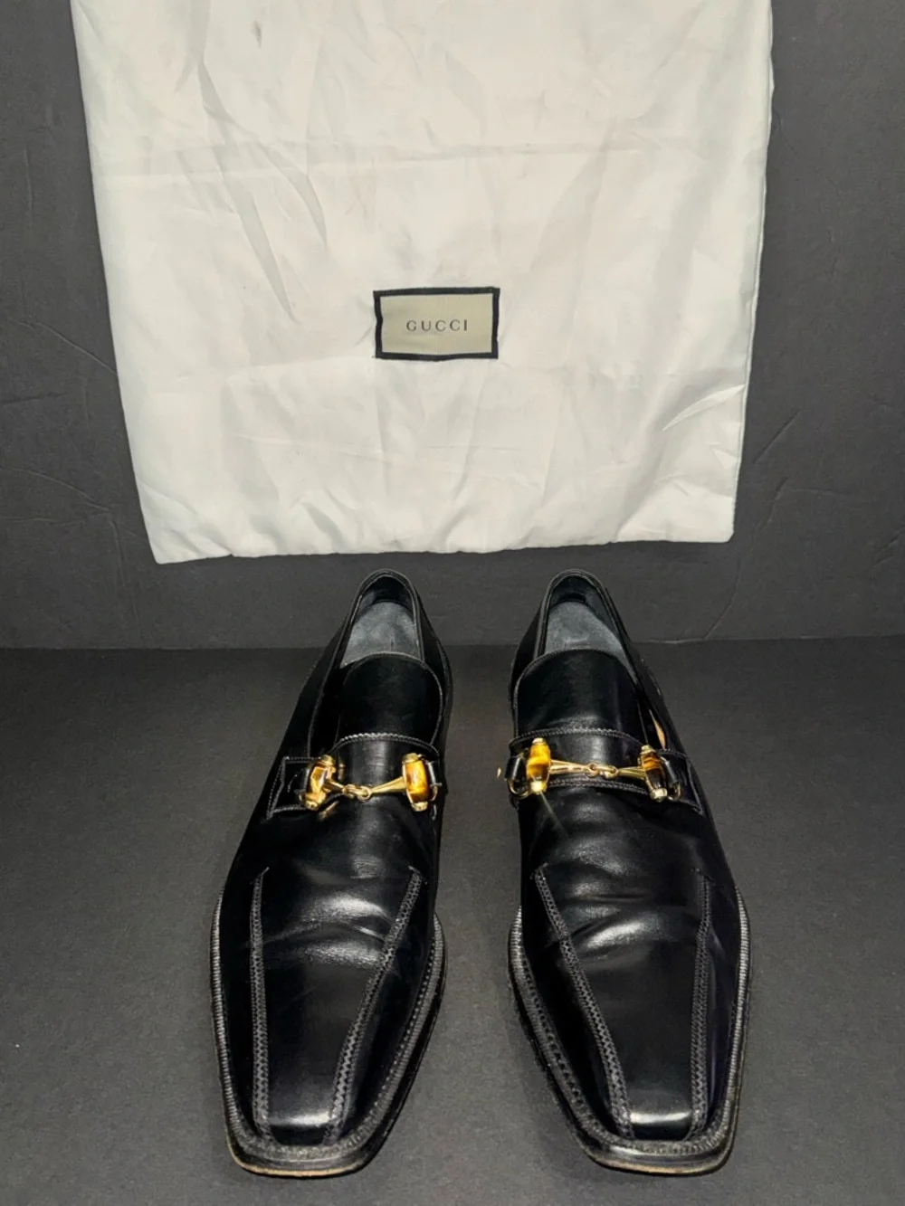 Gucci Black Leather Horsebit Square-Toe Loafers